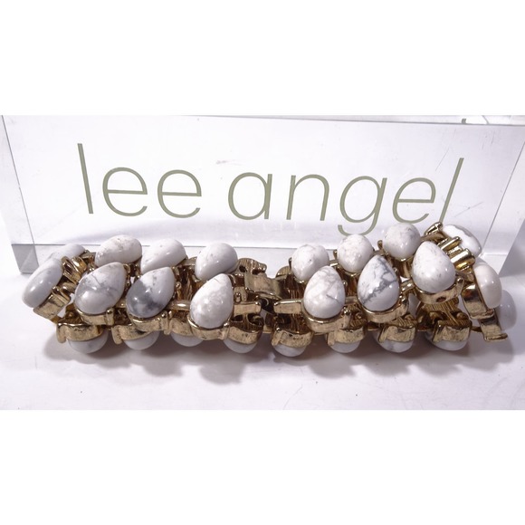 Neiman Marcus Lee Angel Howlite Teardrop Brass Link Bracelet NWT 298 - Picture 5 of 11